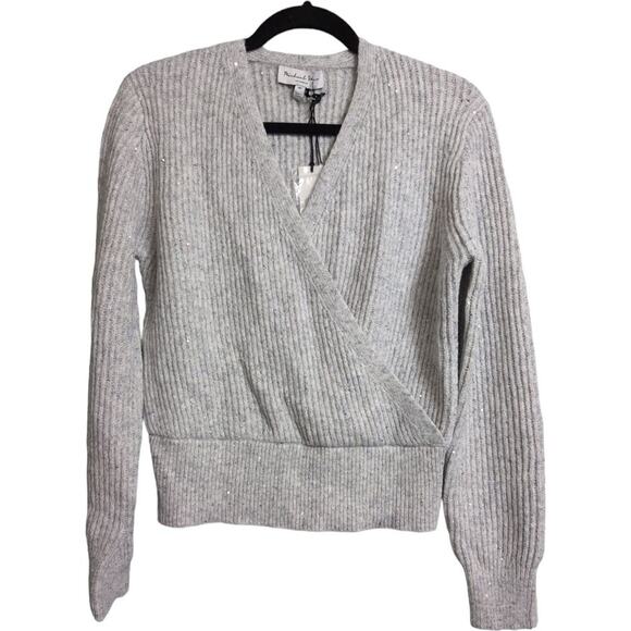 NWT Michael Stars Heather Grey Ribbed Sequin Wrap Laurel Surplice Sweater Sz MP - Picture 1 of 10